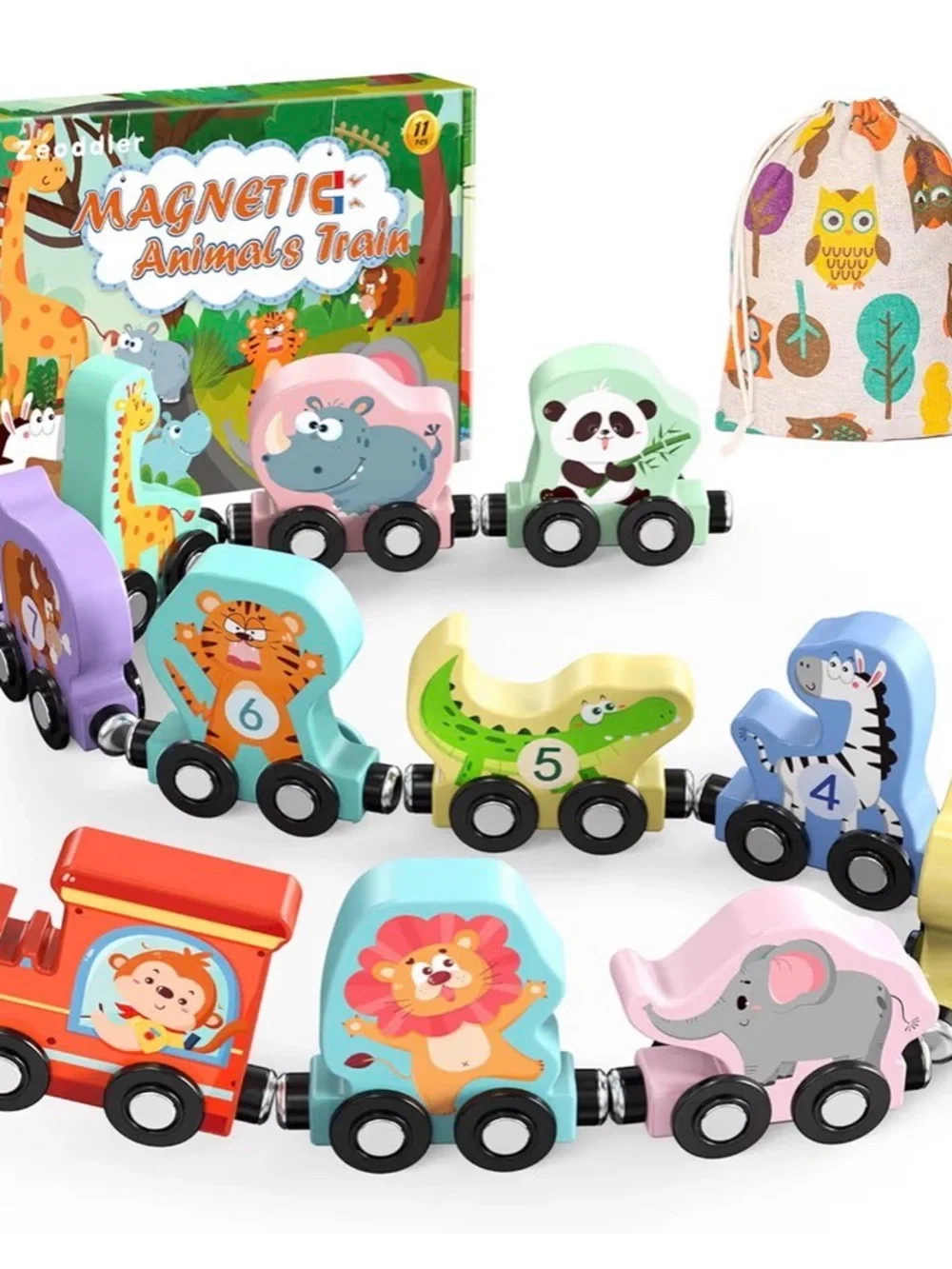 11 Piece Wooden Numbered Animal Magnetic Pull-Along Train - Multicolor